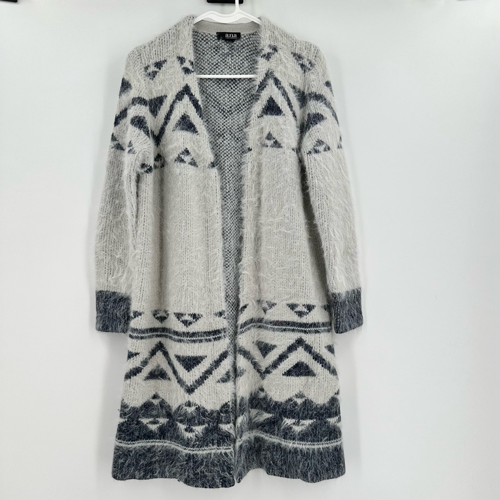 A.N.A. A New Approach Navy/Gray Long Open Front Soft Fuzzy Cardigan Size Small